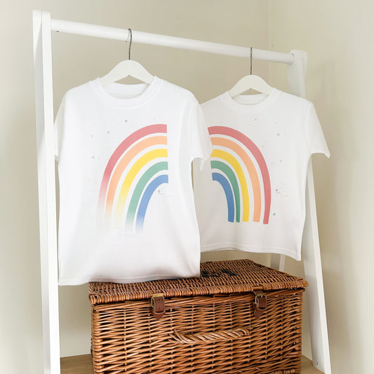 set of two rainbow t-shirts matching siblings outfits with bright rainbow design