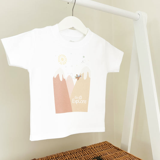 Go explore the great outdoors children's t-shirt in neutral muted palate for boys and girls