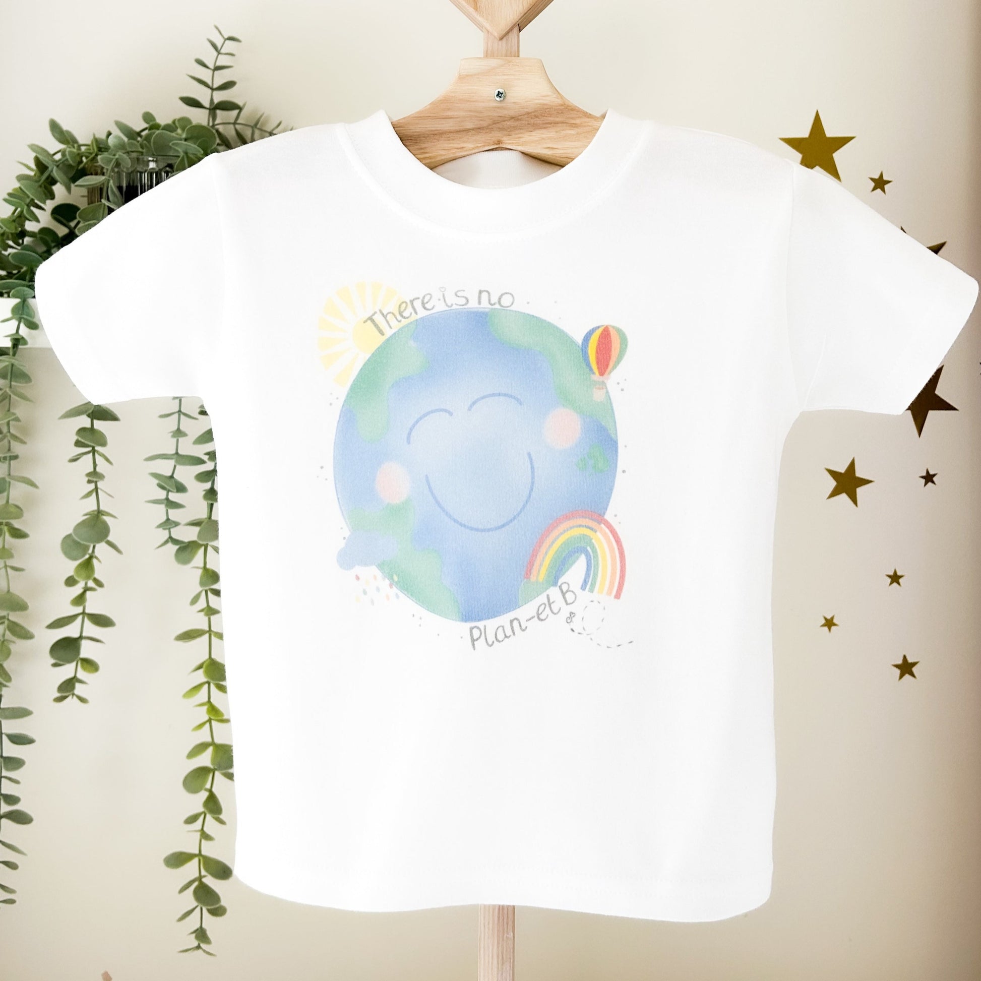 save planet earth kids t-shirt design with world, rainbow and sunshine design