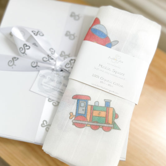 little explorers newborn baby muslin square with train and aeroplane travel print design and luxury gift box