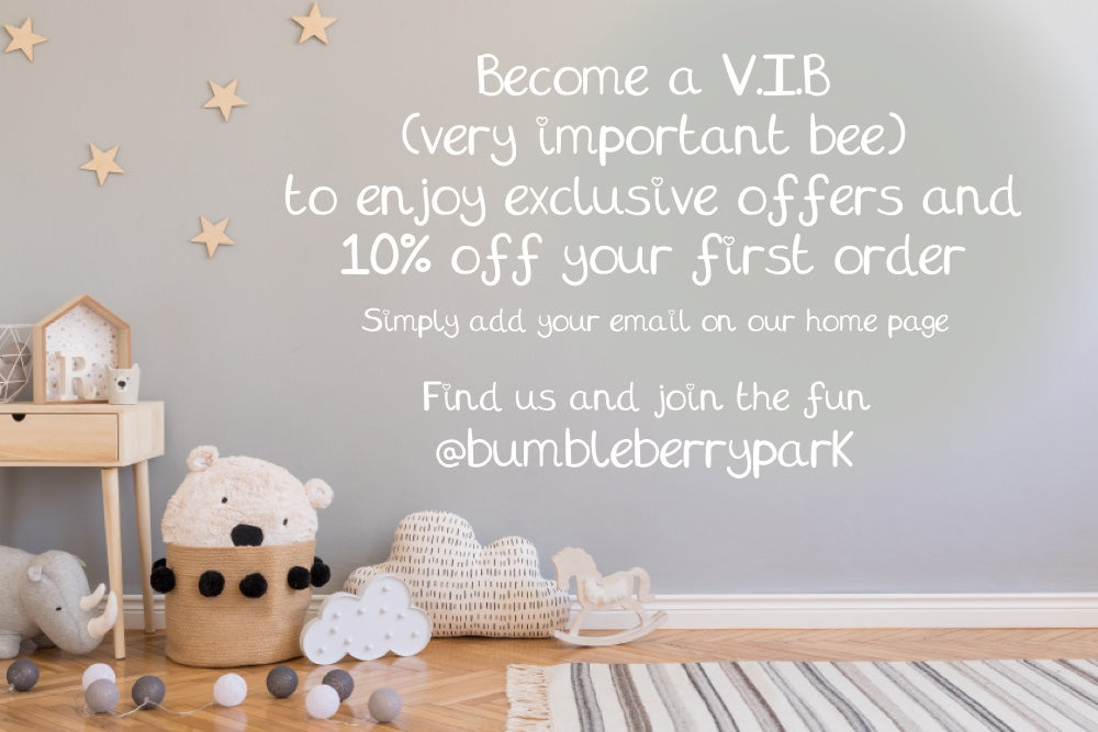nursery with safari soft toys and wooden wall decals with text describing loyalty programme exclusive member offers and social media handles for bumbleberry park