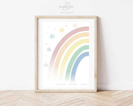 personalised rainbow nursery print in bright pastel colours