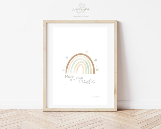 scandi rainbow nursery print with quote "make your own magic"