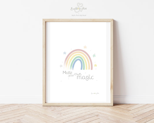 scandi rainbow illustration print in pastel colours with quote "make your own magic" for girls bedroom decor