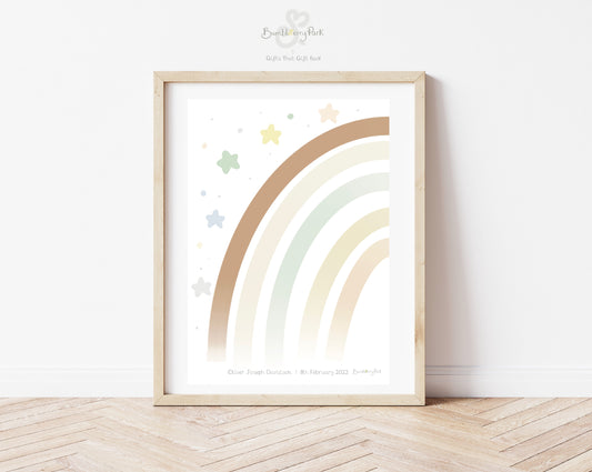 scandi rainbow print in light wood frame