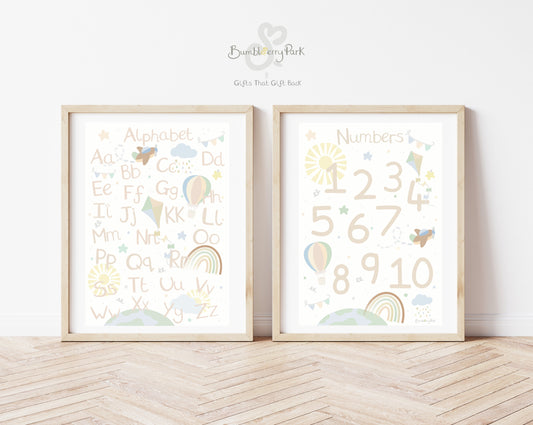 set of two neutral scandi alphabet letters and numbers 1-10 educational wall prints for a kids bedroom