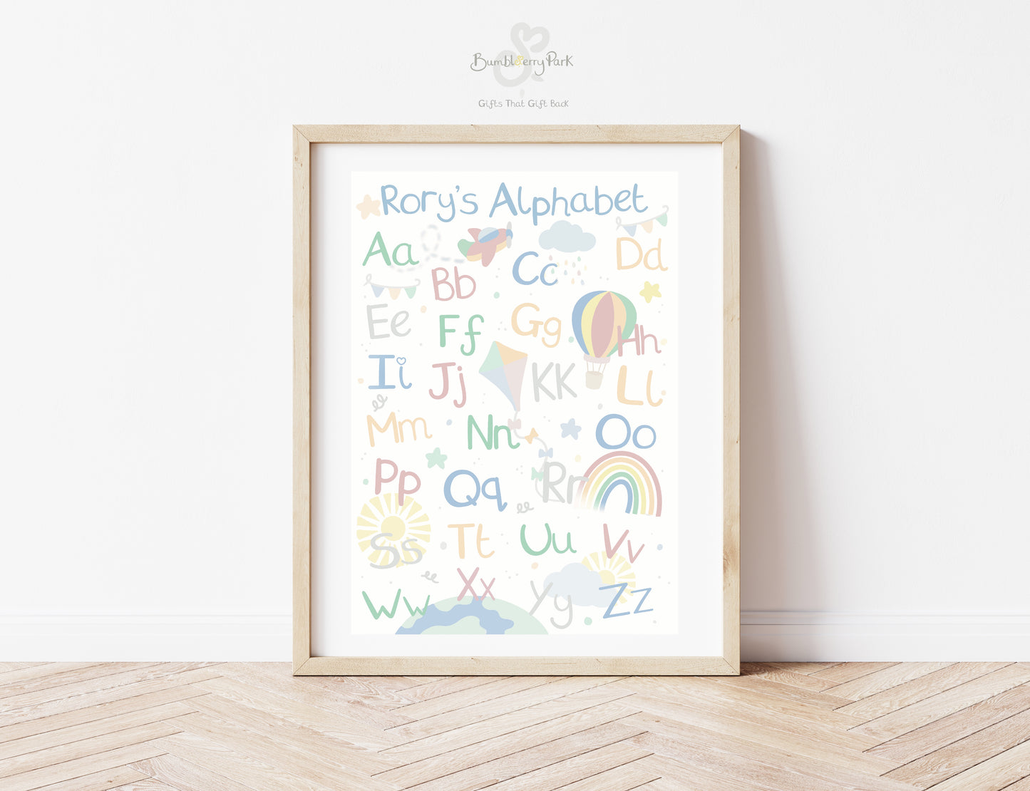 personalised alphabet print in bright colours with boys name and travel and transport designs