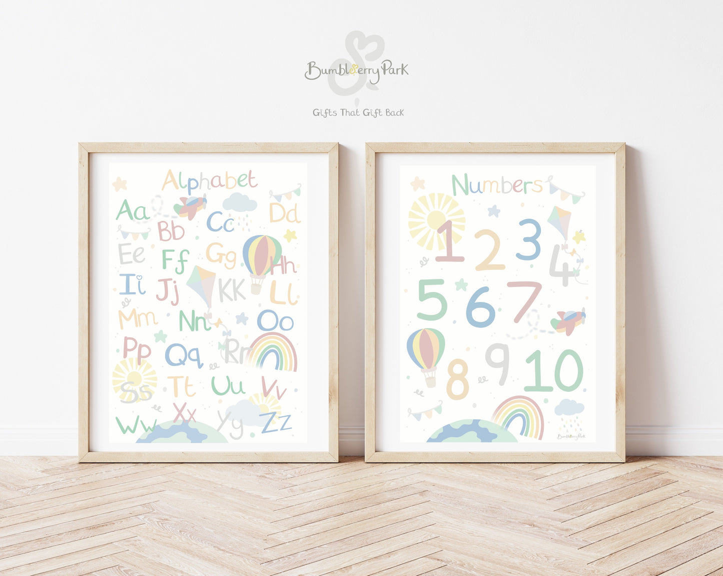 set of two kids prints of numbers 1-10 and learning the alphabet in bright colours with little explorer and our world theme