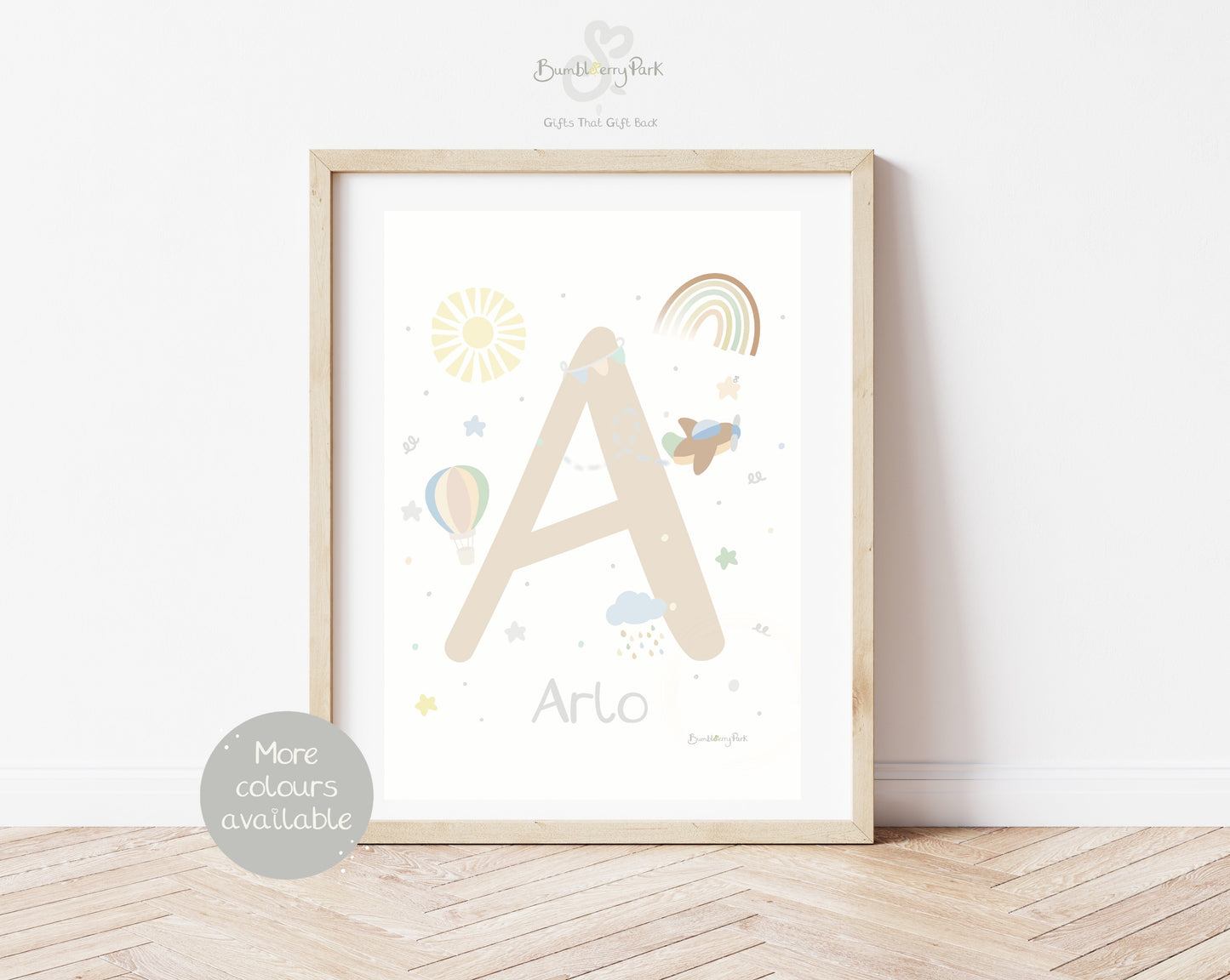 scandi initial and name print for a boho nursery with rainbows and aeroplanes