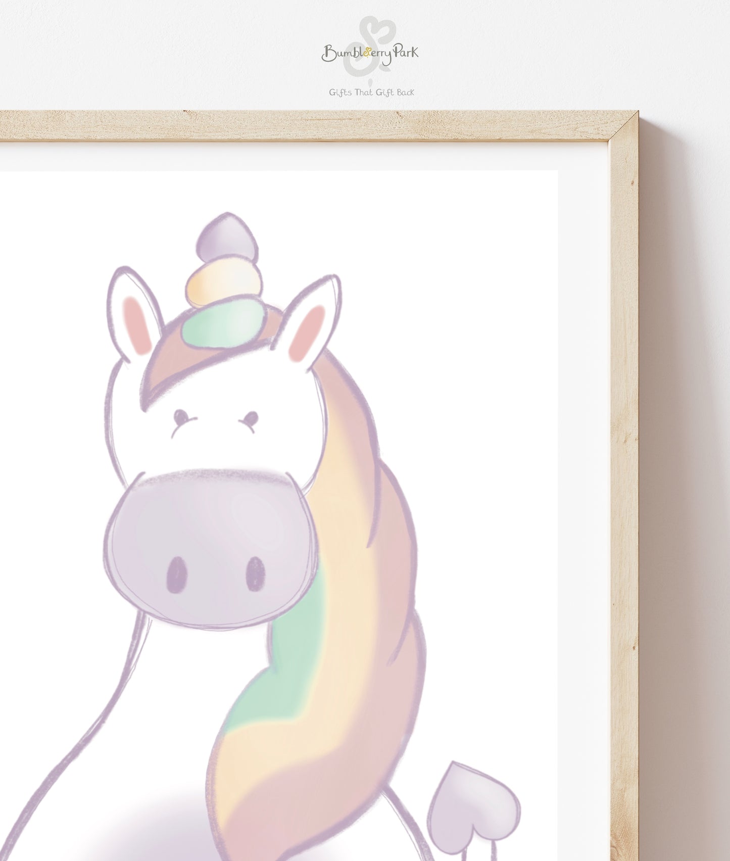 unicorn nursery art print in magical pink rainbow pastel colours