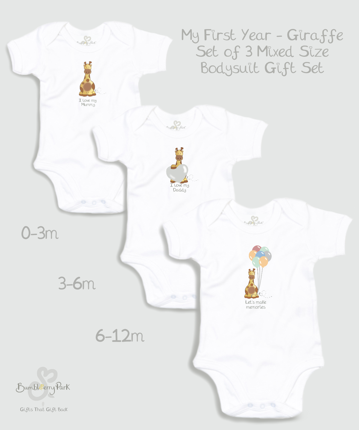 size guide and product description of set of 3 baby bodysuit gift set in sizes 0-3months, 3-6months and 6-12 months