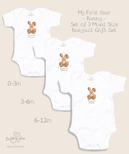 My First Year - Set of 3 Mixed Size Bodysuit Baby Gift Set - Bunny