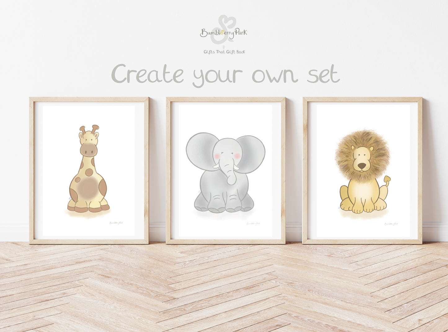 create your own set of three safari animal wall prints with giraffe lion elephant and zebra designs