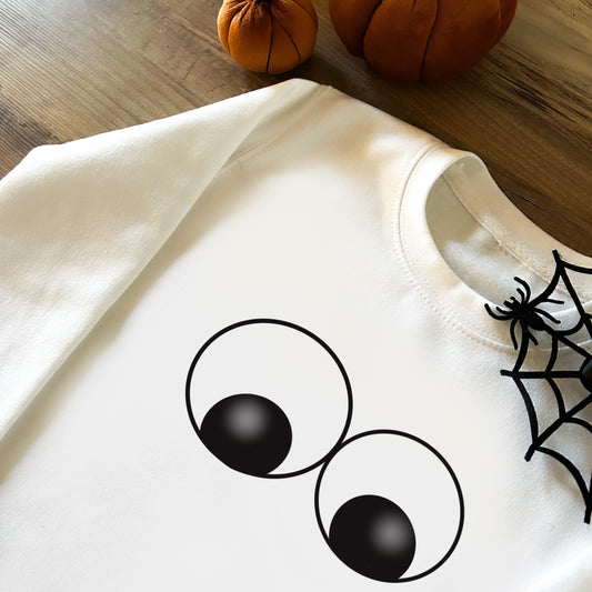 spooky googly eyes children's sweatshirt with pumpkin and spiders web ornaments