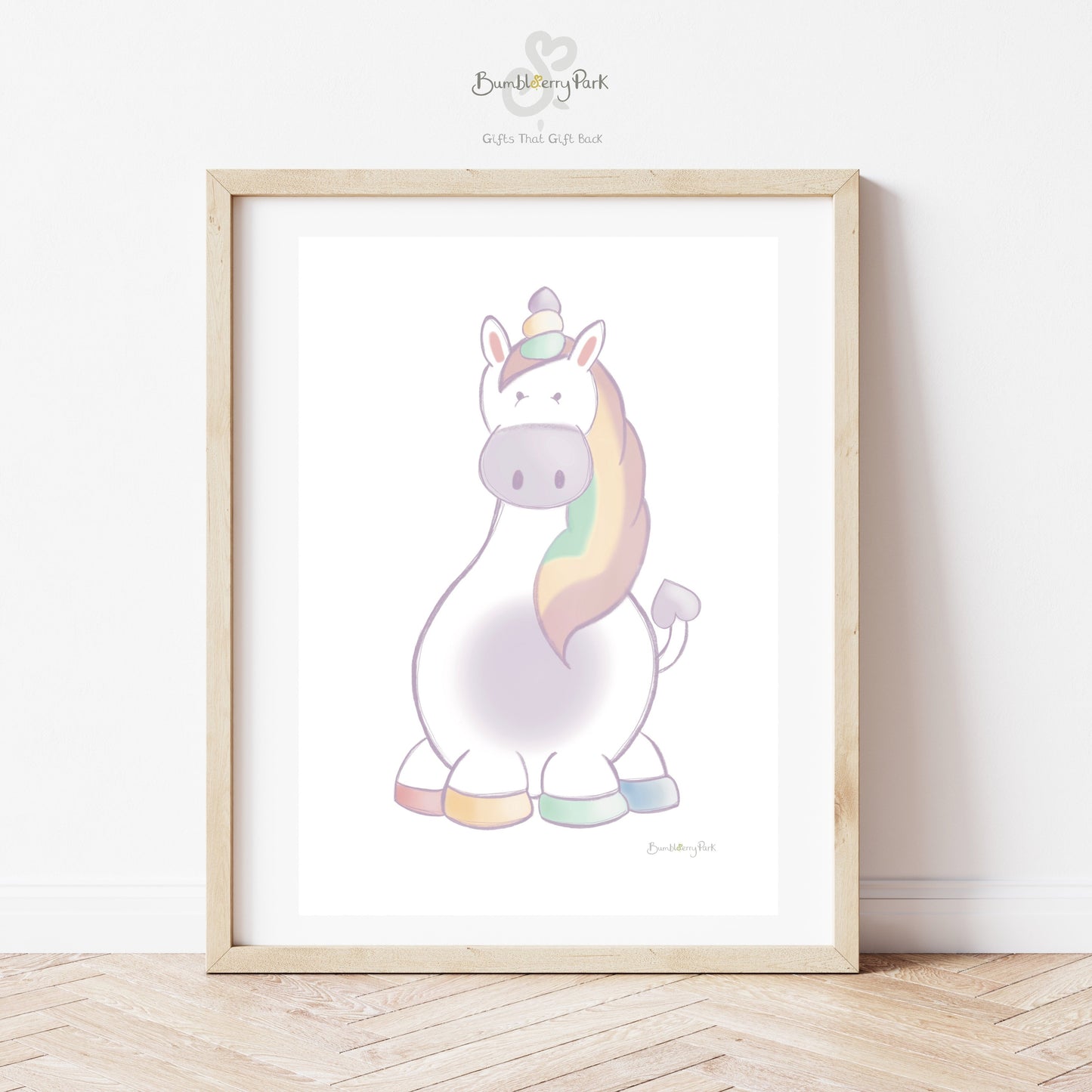 pastel unicorn wall print for girl's bedroom in soft tones and personalised with name