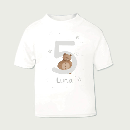 5th birthday kid's t-shirt with woodland bear design and neutral silver age 5 personalised with a name