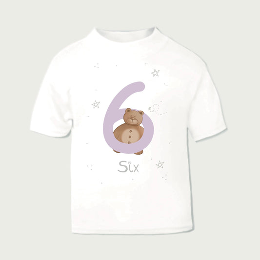 personalised girls 6th birthday t-shirt with a teddy bear print and number 6 in purple colour