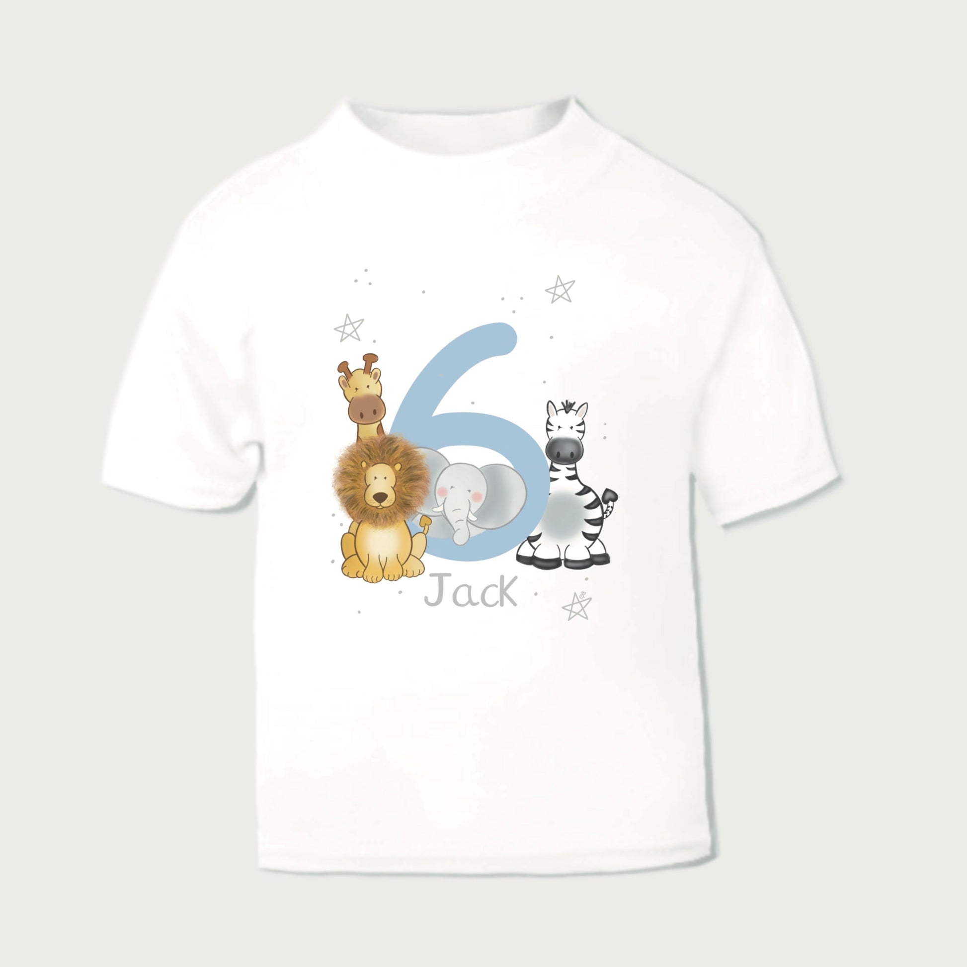 6th birthday keepsake t-shirt with safari animal design and boys name and blue number 6