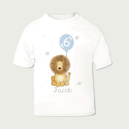 boys sixth birthday top with a lion holding a birthday party balloon personalised with a boys name and age 6 number