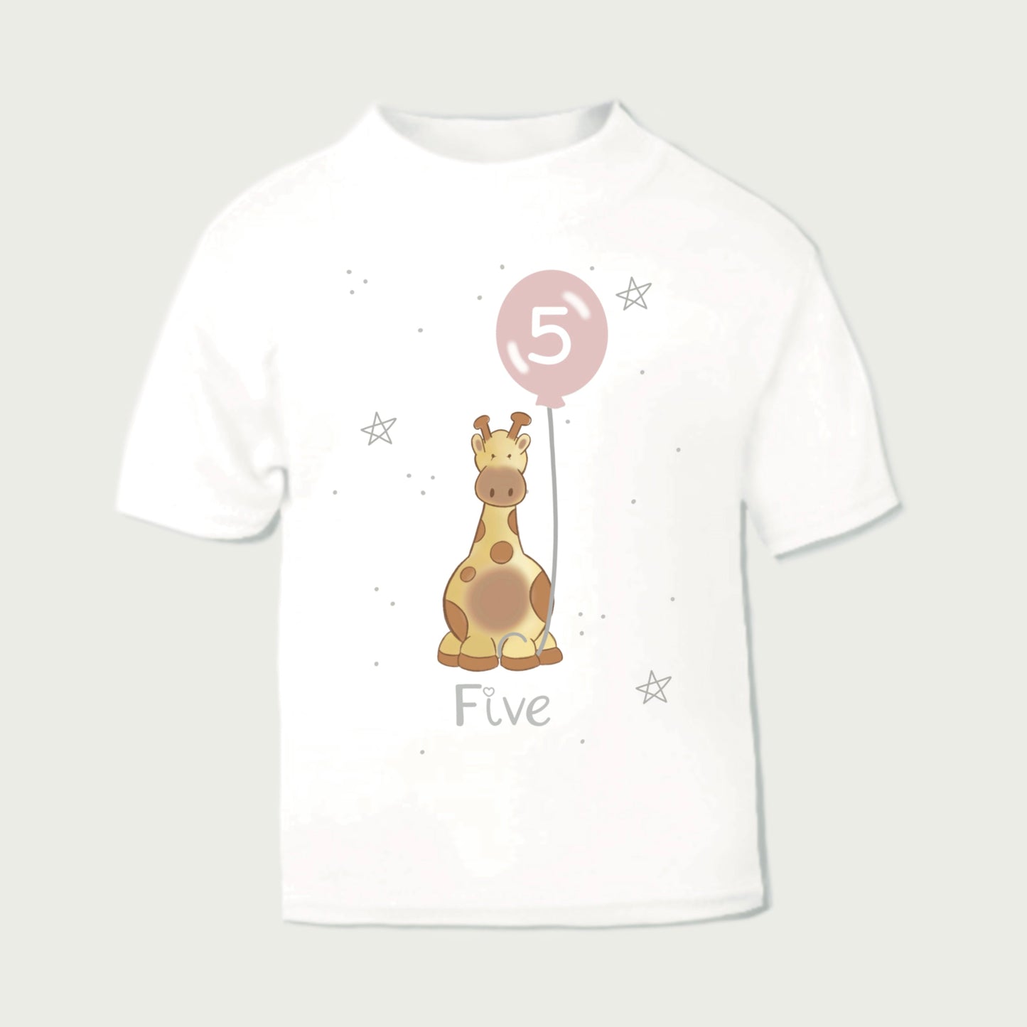 5th birthday t-shirt with safari giraffe holding a pink birthday balloon personalised with number five word