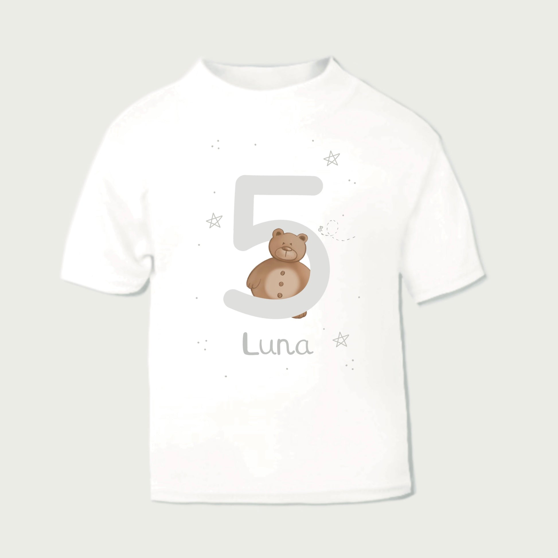 5th birthday kid's t-shirt with woodland bear design and neutral silver age 5 personalised with a name