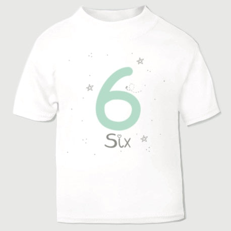white personalised Birthday t-shirt with number 6 age 6 design