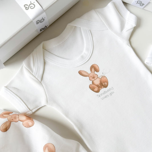 brown bunny baby bodysuit with a woodland rabbit muslin gift set