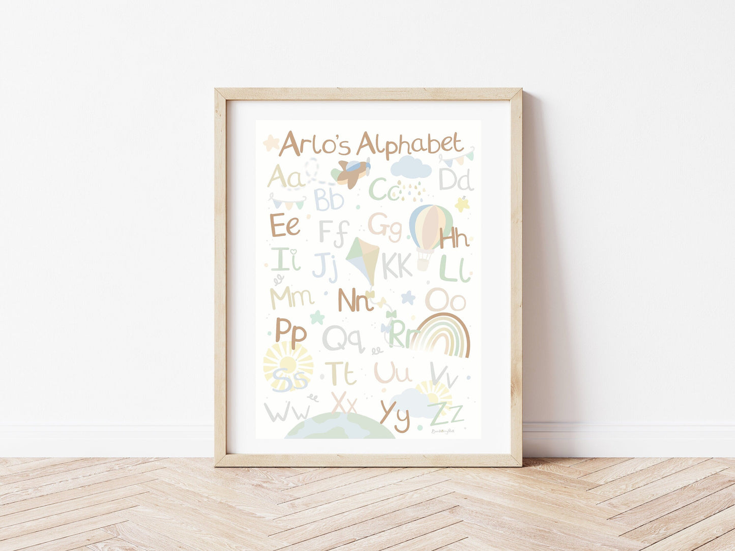 personalised alphabet print with boho style nursery