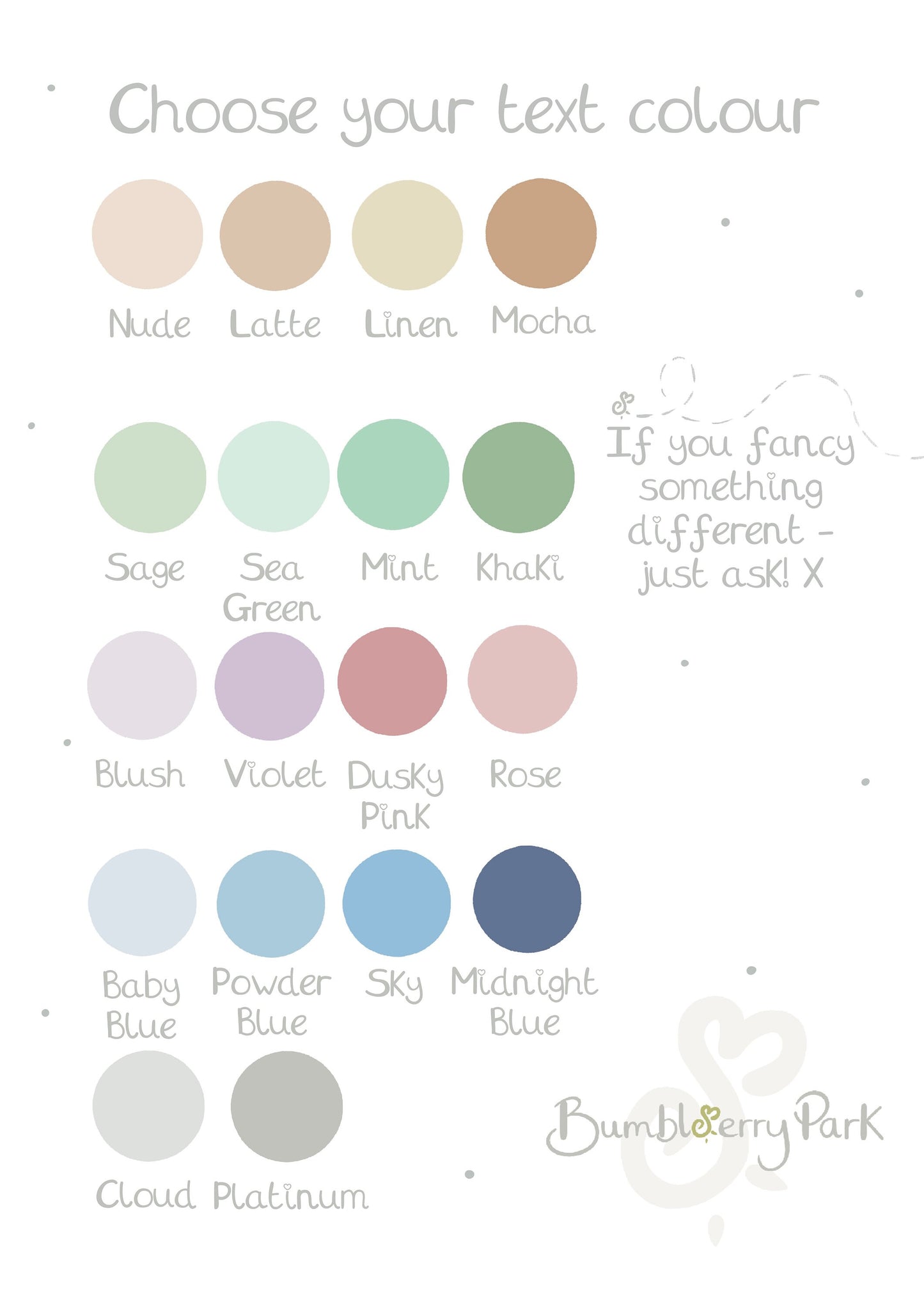 colour chart to select text colour for personalised nursery print for boys and girls bedroom