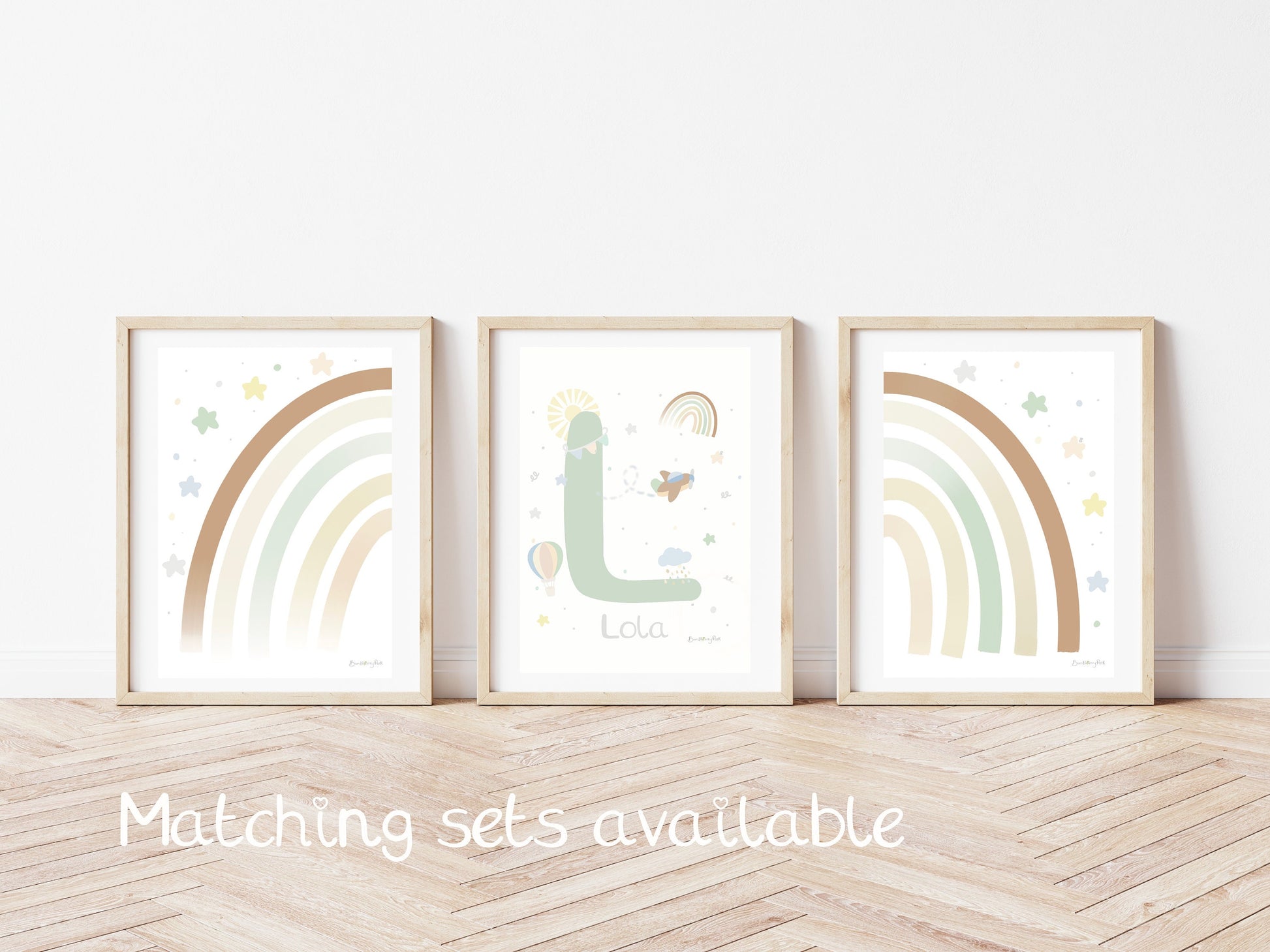 set of 3 rainbow and baby name and initial wall prints for children's playroom decor in boho chic style