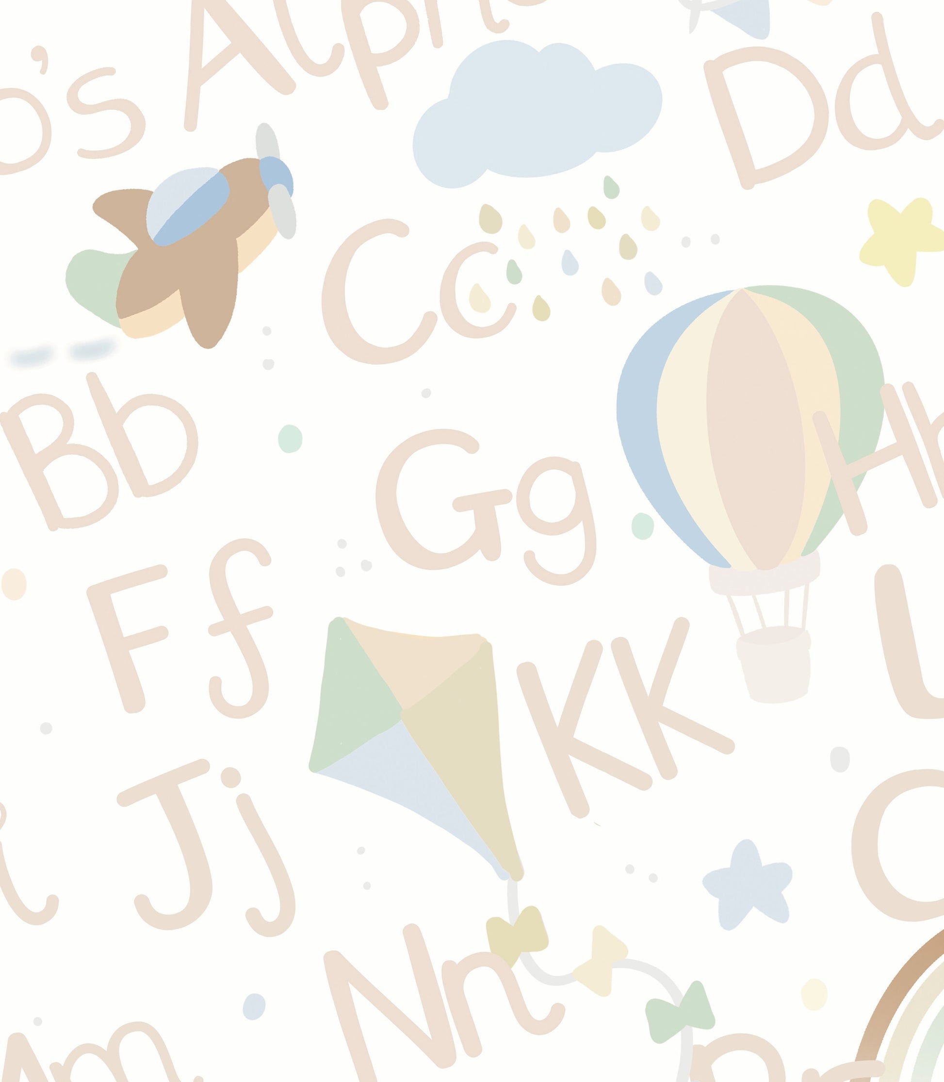 close up of alphabet nursery print in pastel colours with little explorer theme with aeroplanes, clouds, hot air balloons kits and rainbows