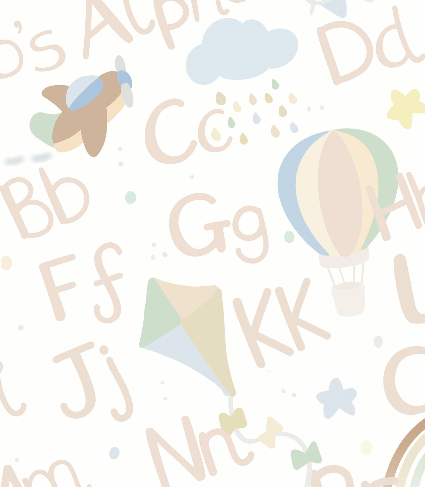 close up of typography print of alphabet nursery print in neutral colours with little explorer theme with aeroplanes, clouds, hot air balloons kits and rainbows